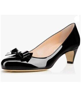 YDN Black Round Toe Pumps Low Heels Shoes with Bowknot for Work Office Ladies